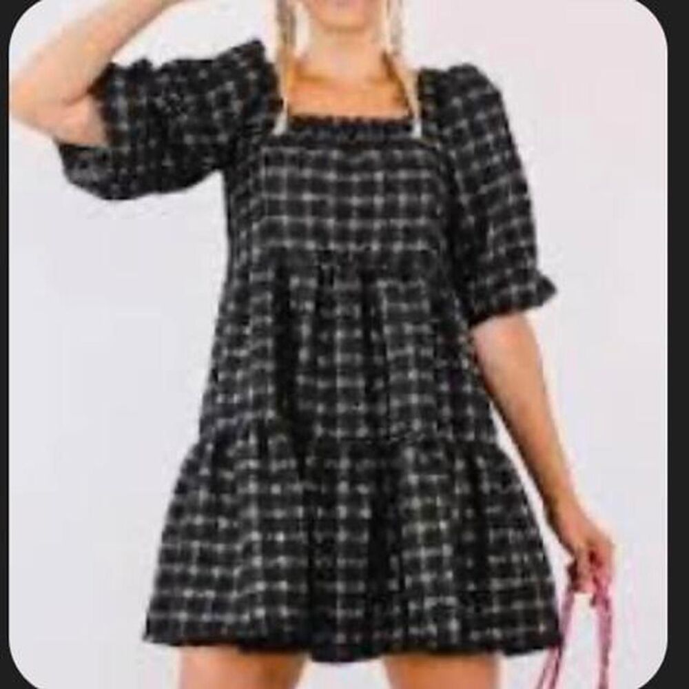 Moon River Metallic Gingham Tweed Babydoll Tiered Mini Sz Large